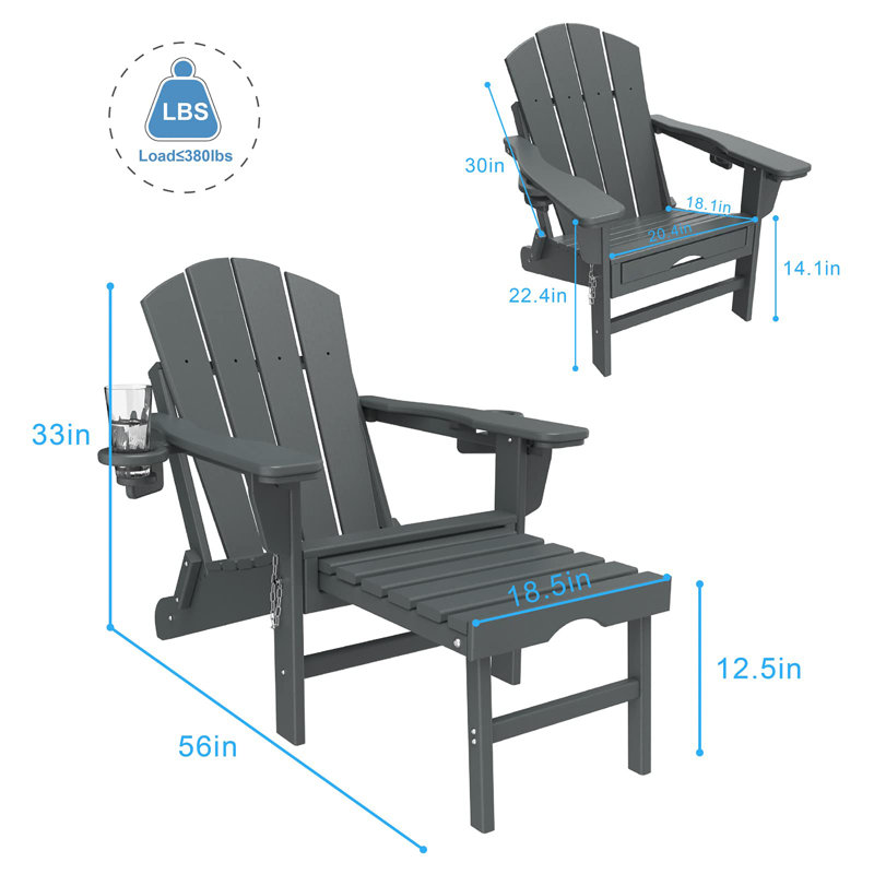 Fauteuil Adirondack réglable avec repose-pieds rétractable, Gris