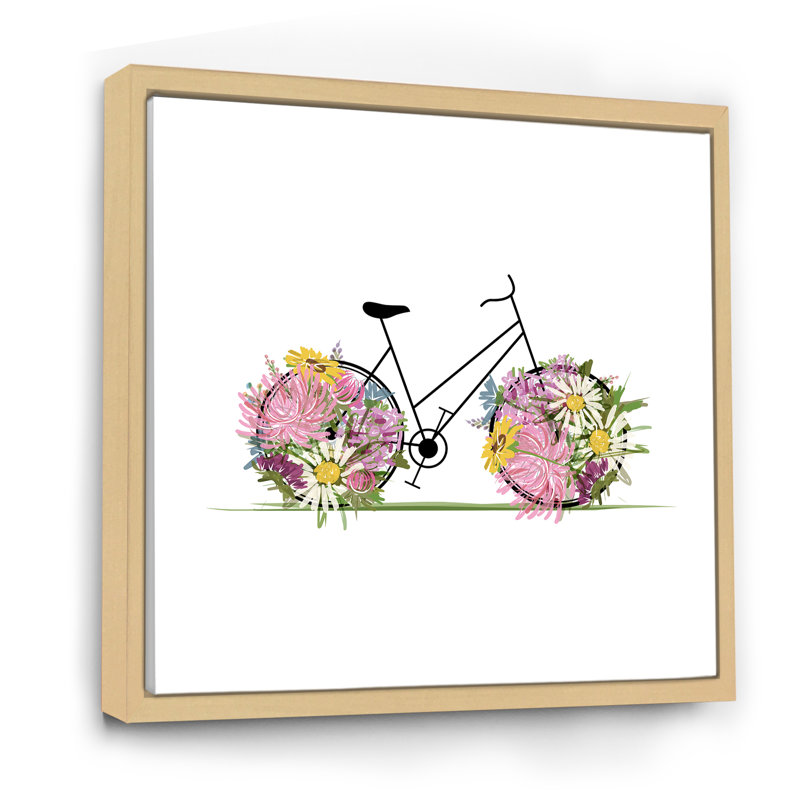 Illustration florale de vélo III - sur, H 36 po x l 36 po x P 1,5 po, Toile naturelle avec cadre flottant