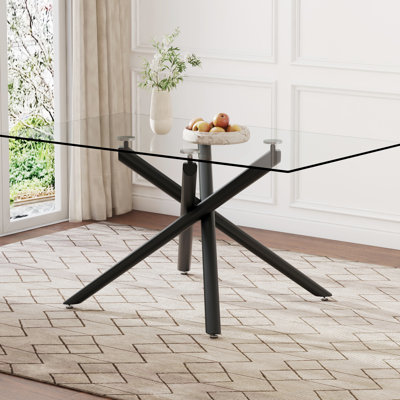 Élégante table de salle à manger en verre avec des pieds en métal noir trempé de 0,39 po, pour les espaces de travail, structure rectangulaire minimaliste moderne, petites cuisines idéales