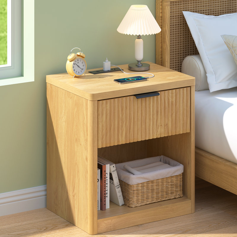 21.7'' W 1-Drawer Nightstand with Open Cubby, Fluted Nightstand with Built-In Outlets, Individual
