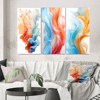 Contemporary Contemporary Waves Abstract Orange and Blue - Art abstrait à l'encre liquide, ensemble de 3 pièces