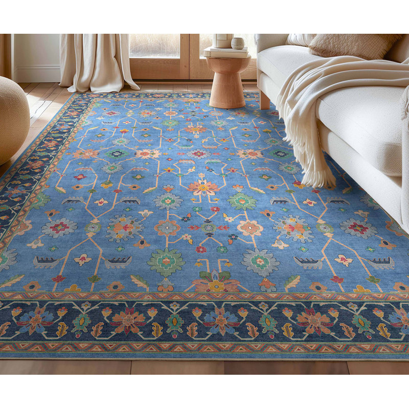Tapis bleu bohème Bungalow Rose Adrith Antalya, Rectangle 7 pi 7 po x 9 pi 10 po