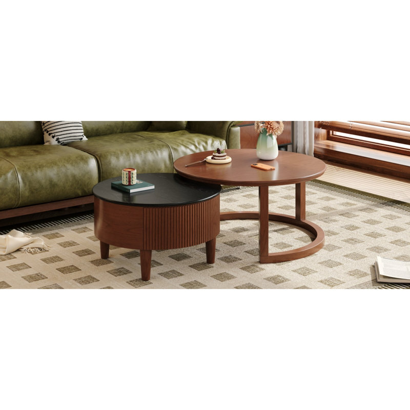 Table basse gigogne ronde vintage avec tiroir en noyer de 31,5 po