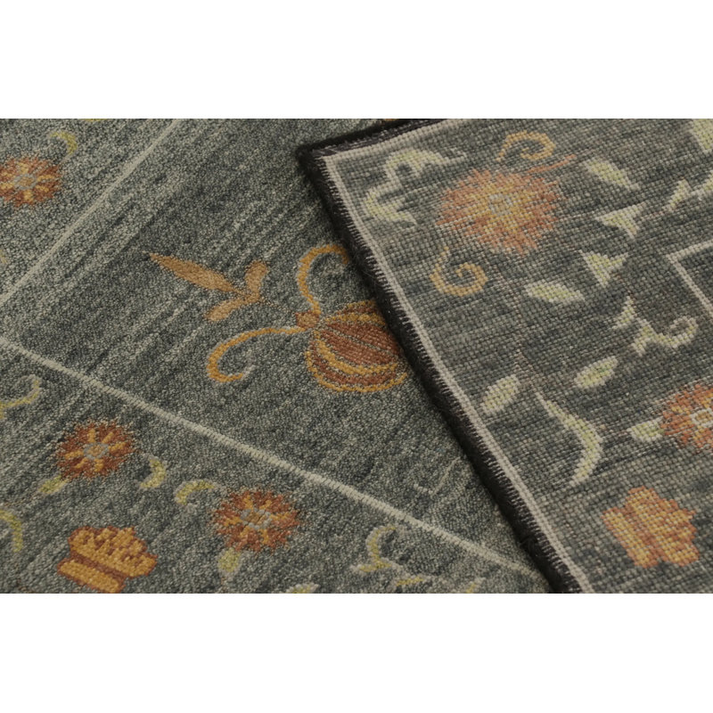 Rug & Kilim’S Block Print Rug, Teal And Gray Tones With Whimsical Floral Pattern, Rectangle 6' x 9'