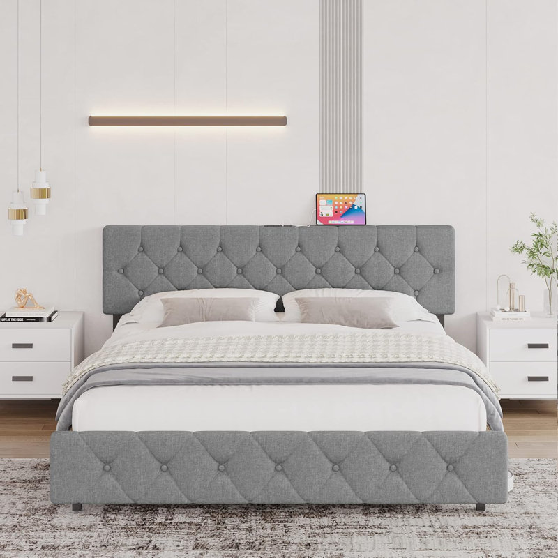 Structure de lit plateforme tapissier avec ports USB, Gris clair, Grand lit