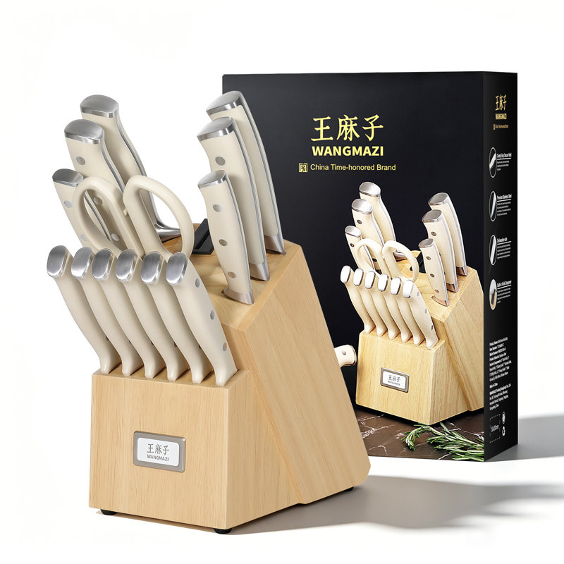Bloc de couteaux de cuisine WANGMAZI 15 pièces, couteaux de chef en acier inoxydable forgé, affûteur intégré