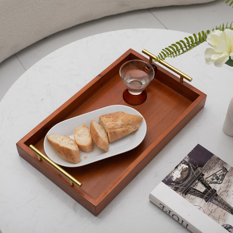 Plateau coran rectangulaire en bois avec poignées en métal doré, plateau décoratif brun moderne