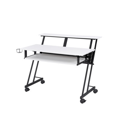 Table musicale avec finitions blanche et noire, espace de rangement de 119 x 25 cm, compatible avec un téléviseur jusqu'à 109 cm, cadre en métal avec roulettes de transport et plateau d'enregistrement en bois noir, surface de travail de 119 x 46 cm, support et composants roulants