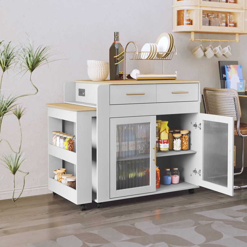 Jamirrah  Kitchen Island with Extendable Table, White/Natural
