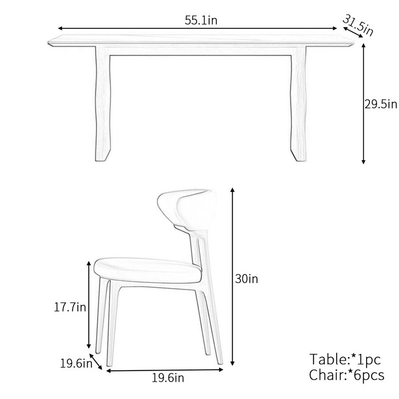 Light luxury high-end rectangular dining table set, 29.5" H x 55.1" L x 31.5" W