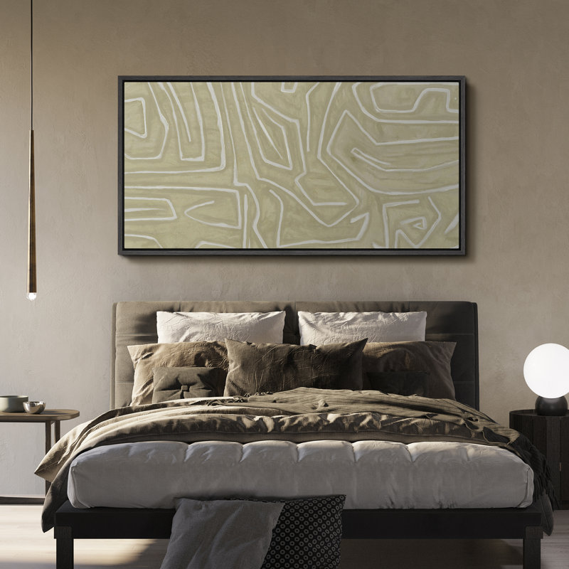 «Geometric Line Soft Pastel Green Maze», lignes géométriques contemporaines encadrées sur toile, H 30 po x l 60 po