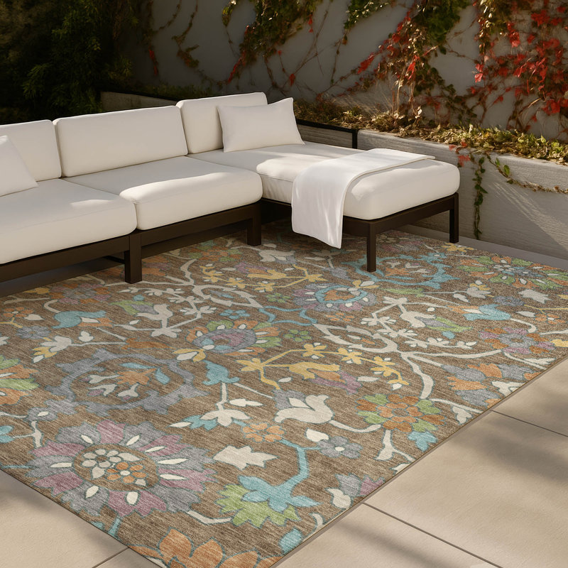 Machine Washable Indoor/Outdoor Chantille ACN2587 Floral Rug, Mocha, 3' x 5'