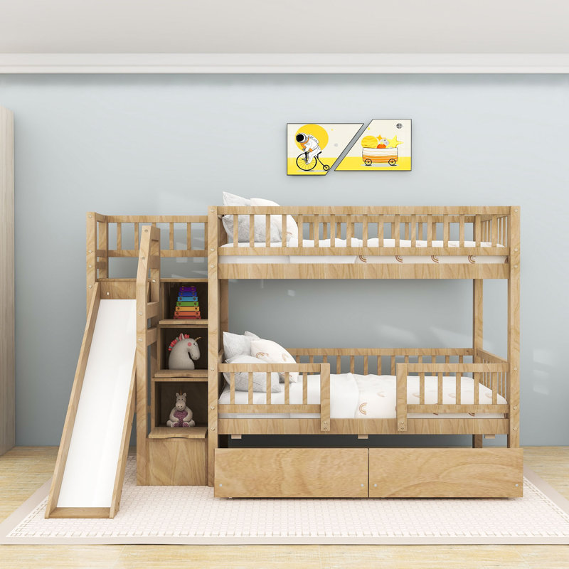 Twin Over Twin Bunk Bed With Slide And Storage Staircase, Walnut
