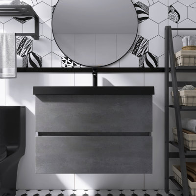 30-Inch Wall-Mounted Bathroom Vanity Cabinet With Black Quartz Sand Countertop