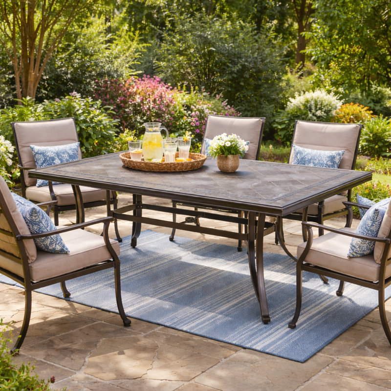 66.2'' W Rectangular Cast Aluminum Outdoor Dining Table with Ceramic Top and 2'' Umbrella Hole
