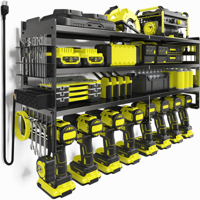 Organisateur d'outils électriques avec station de charge, support de rangement mural robuste pour outils, support de perceuse sans fil et tablette de rangement à piles pour garage, atelier et remise