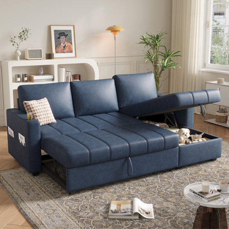 89" L-Shaped Sectional Sleeper Sofa with Hidden Storage, Faux Leather Pull-Out Sofa Bed for Living Room, Blue Faux Leather
