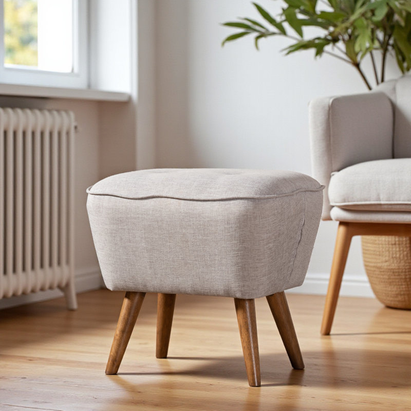 Indira Ottoman with Greyish Beige Fabric Upholstery, Walnut Finish, 14.55" H X 18.9" W X 17.47" D