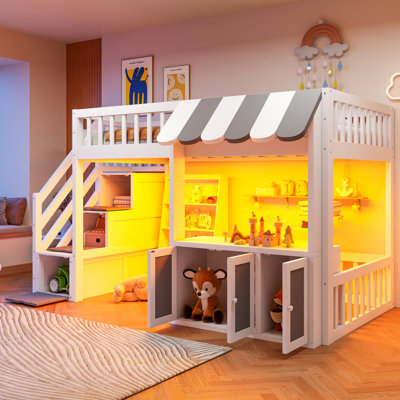Twin Size Loft Bed with Storage Steps, LED Light, Under Bed Cabinets, Playhouse Design, Kids Wooden Bed Frame, White+Gray