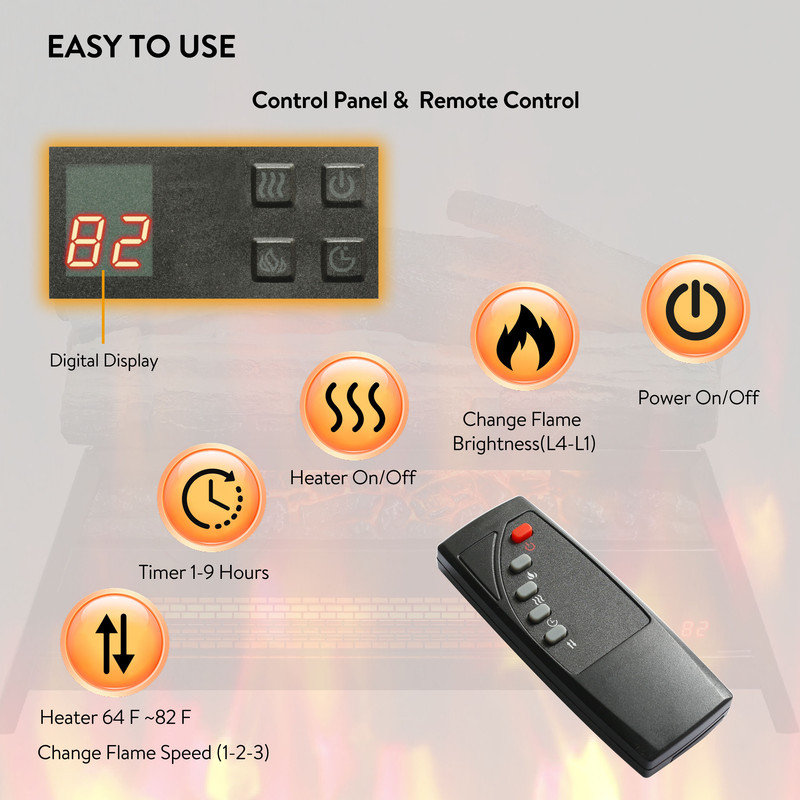 Symple Stuff 23" Electric Fireplace Log Set, Infrared Quartz Heater w/Adjustable 4 Flame Brightness, Realistic Ember Bed, Remote, Timer, Digital Display, 1500W