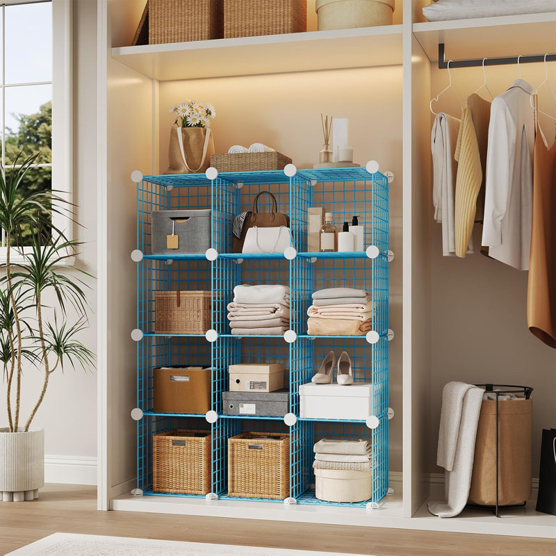 12-Cube Metal Grid Storage Organizer - Modular Wire Cube Shelf Unit, 37.4”l x 12.6”w x 48.8”h, Versatile Closet Cabinet & Bookshelf for Bedroom, Office, Entryway