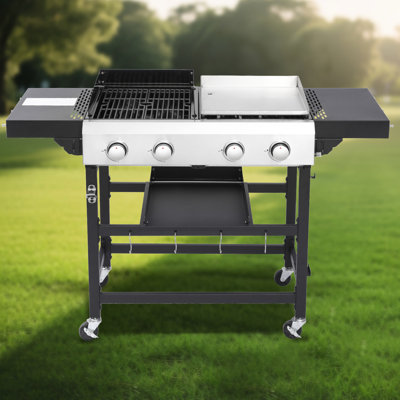 2 brûleurs au gaz et barbecue avec corps de poêle émaillé à hautes températures, tête de tuyau droite en acier inoxydable 9550 chacun, 38200 au total, 470 pieds carrés dans la zone de cuisson 248, grille de 56,5 profondeur, noir et métal argenté