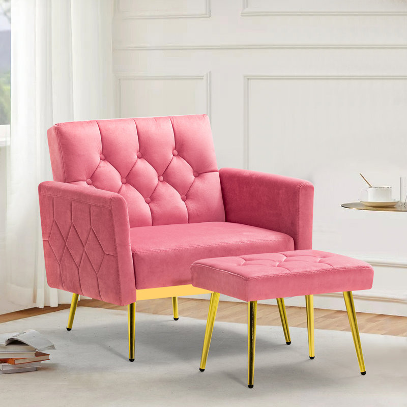 Zianny Velvet Accent Chair with Ottoman, Pink Velvet