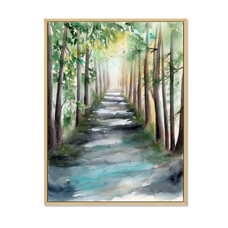 «A Sunlit Forest Alley with Tree Shadows I», peinture sur toile, H 32 po x l 24 po, Cadre flottant érable