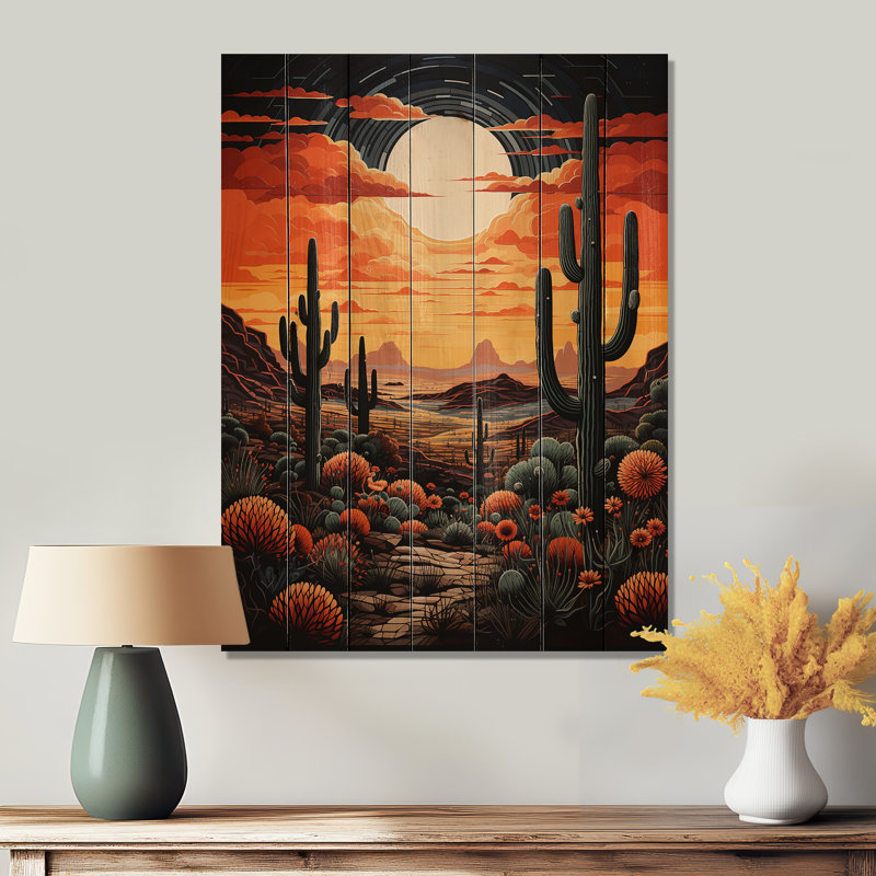 Cactus du désert orange, coucher de soleil sur Saguaro, impression sur bois, H 20 po x l 10 po x P 0,78 po