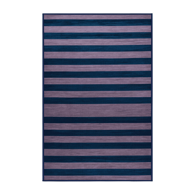 Tapis bleu à rayures horizontales lavable à la machine, Rectangle 7 pi x 9 pi
