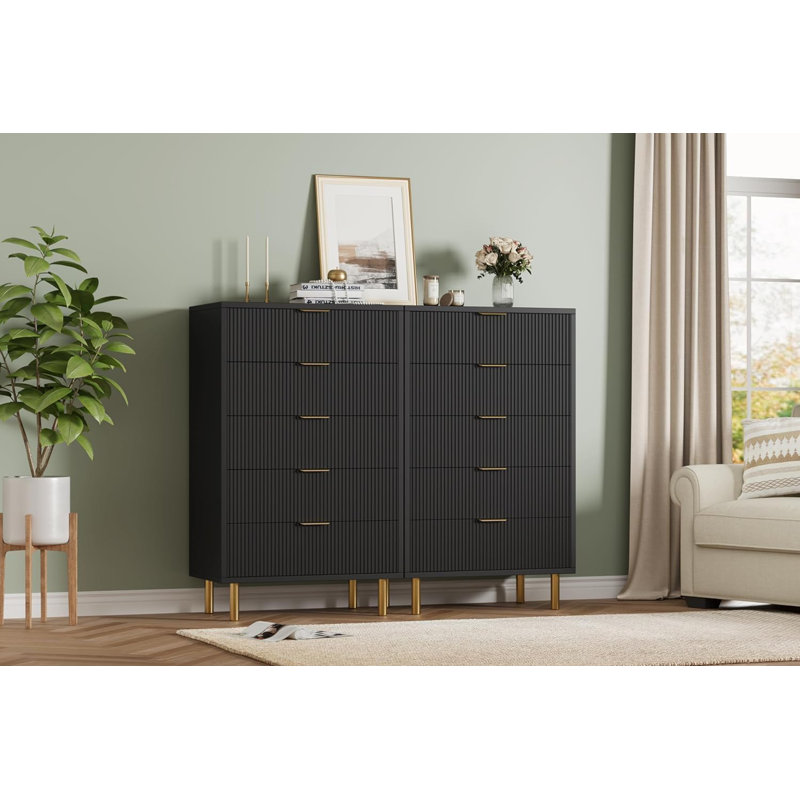 Commode 5 tiroirs Natural pour chambre à coucher, commode en bois moderne avec poignées dorées et grand rangement, Noir