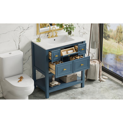 Meuble-lavabo moderne avec lavabo en céramique 30 po - bleu, armoire en bois massif 5 tiroirs 30 po, bois