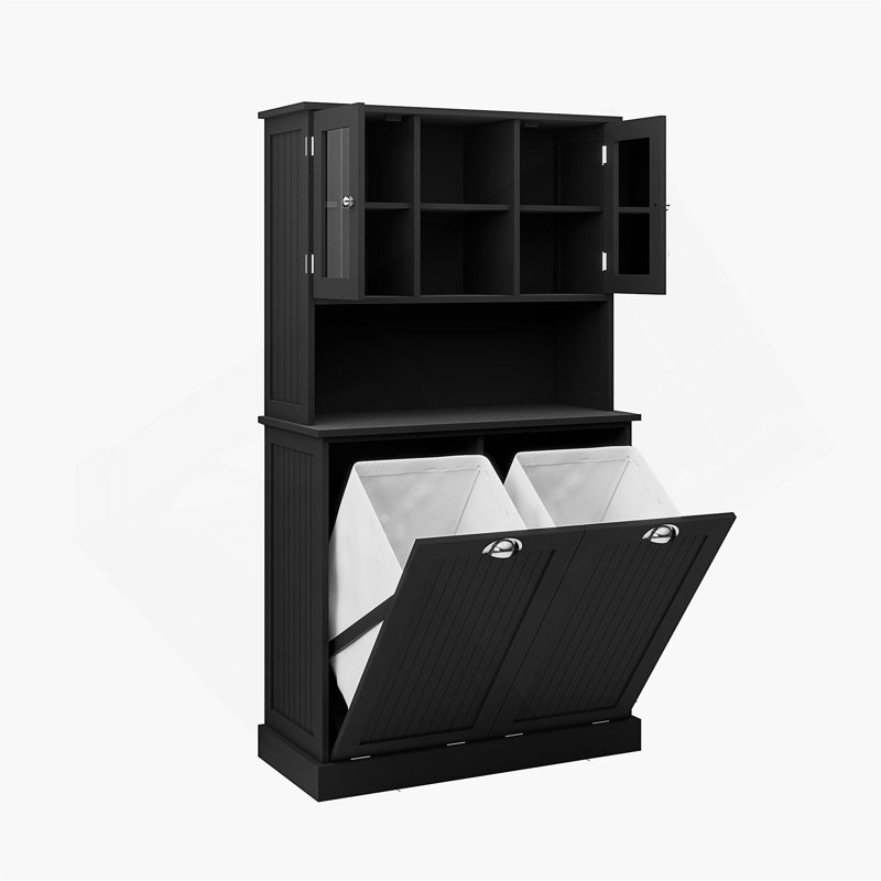 Two-Compartment Tilt-Out Dirty Laundry Basket Tall Bathroom Cabinet With 2 Adjustable Shelves, Space-Saving And Durable Design