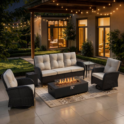 Esquer 5-Pieces Outdoor Wicker Patio Conversation Furniture Set With Rocking & Swivel Chairs And Rectangular Fire Pit Table