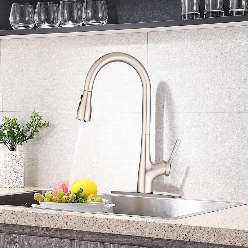 Brushed Nickel Finish Single Handle Pull Down Kitchen Faucet, Rust , High Arc Swivel Spout For Simplified Filling And Washing, Easy - Clean Nozzles, Quality Brass Body, Big Industrial Kitchens, 7.99"