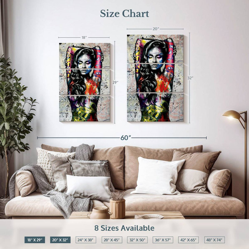 Portrait de femme grunge sur toile, ensemble de 3 pièces, H 32 po x l 20 po x P 1,25 po