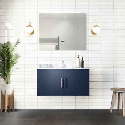 Miroir DEL 91 cm et meuble-lavabo bleu marine avec comptoir en marbre et robinet - 56 cm de profondeur. Meuble-lavabo élégant et durable, finition teintée.