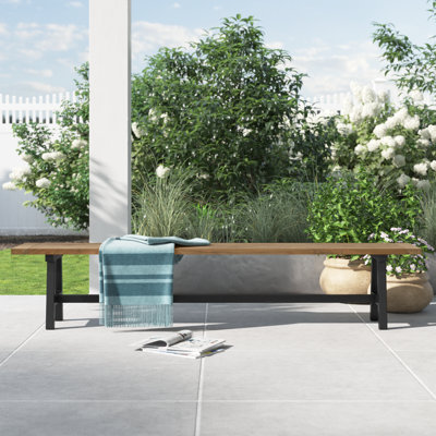 Morones Rectangular Outdoor Bench in Solid Reclaimed Teak with Picnic Style Black Aluminum Legs