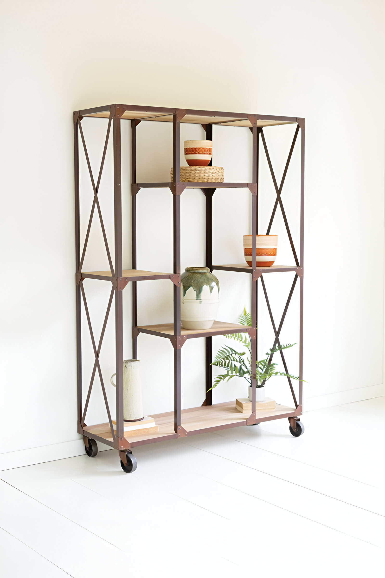 Kalalou Iron And Wood Display With Alternating Shelves And Iron Casters