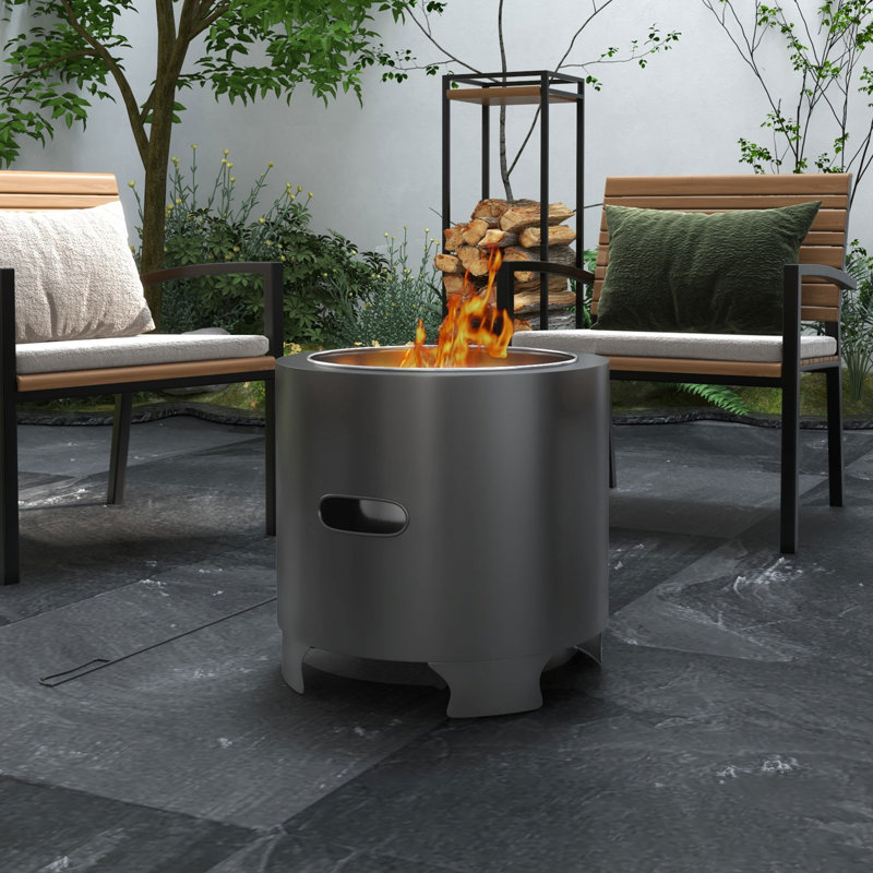Wood Burning Fire Pit, 45cm Smokeless Firepit, Round Metal Bonfire Stove with Poker Black