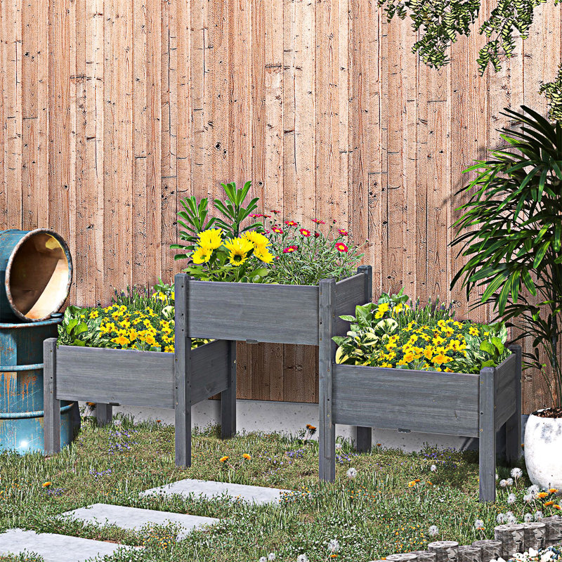 Lit de jardin surélevé en bois avec 3 jardinières, Gris