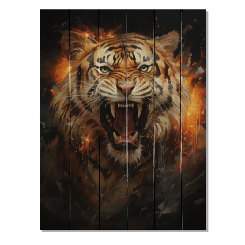 Portrait d'un tigre brun sur bois, H 20 po x l 10 po x P 0,78 po
