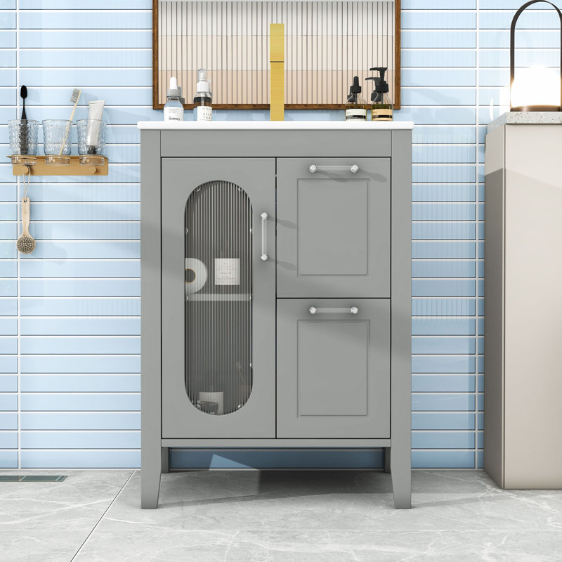 Meuble-lavabo moderne 24 po avec lavabo en céramique, tablettes réglables et 2 tiroirs, Gris