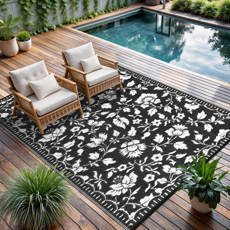 Waterproof Reversible Outdoor Rug – UV Resistant Plastic Straw Carpet – Lightweight & Collapsible for Patio, Deck, RV, Camping or Backyard – Floral Print