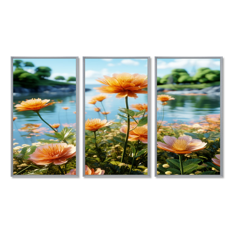 «Vibrant Orange Flower By Summer River», ensemble de reproductions d'art mural, Encadrement argenté