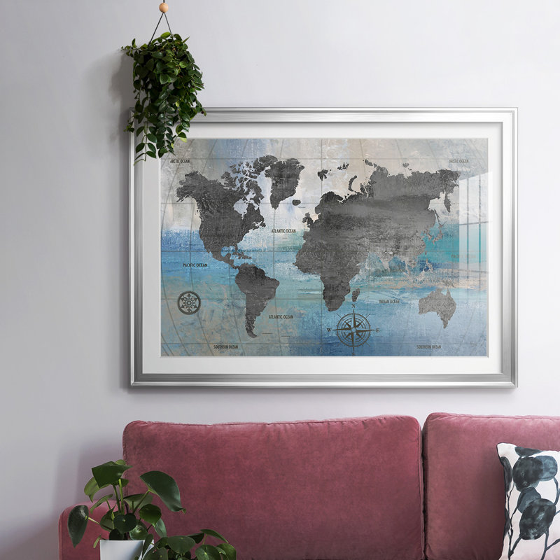 Carte du monde bleue et grise, impression sur papier, H 15 po x l 21 po x P 1,5 po, Argent