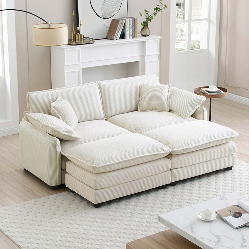 Canapé 2 places avec repose-pieds Corduroy, Beige