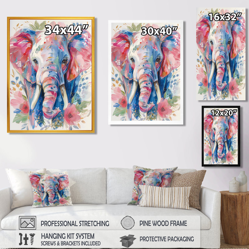 Pépinière, gris, rose, magnifique éléphant II - éléphant, art mural animal, Toile tendue, H 12 po x l 20 po