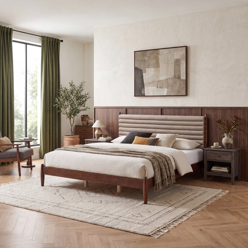 Cadre de lit plateforme Vela de style moderne du milieu du siècle avec tête de lit capitonnée, construction en hévéa, MDF et LVL, sommier à lattes en bois, aucun sommier tapissier nécessaire pour une chambre à l'ambiance feutrée