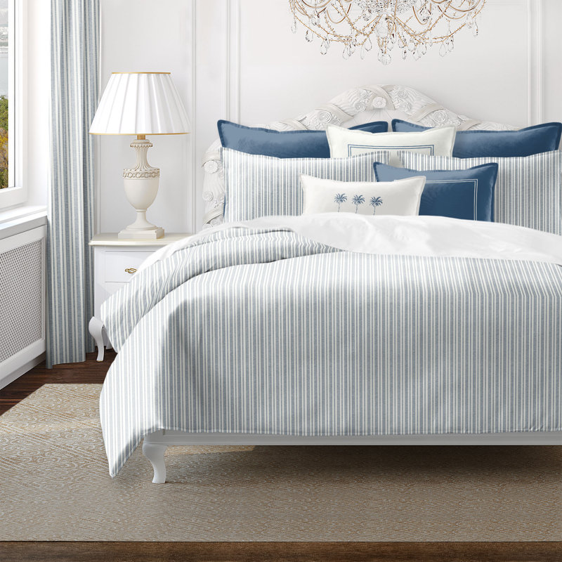Pacific Stripe Reversible Cotton Duvet Cover Set, Denim, Super King Duvet Cover + 2 King Shams